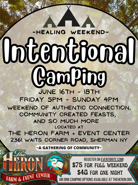 An intentional camping weekend flyer that shows the time and place and costs